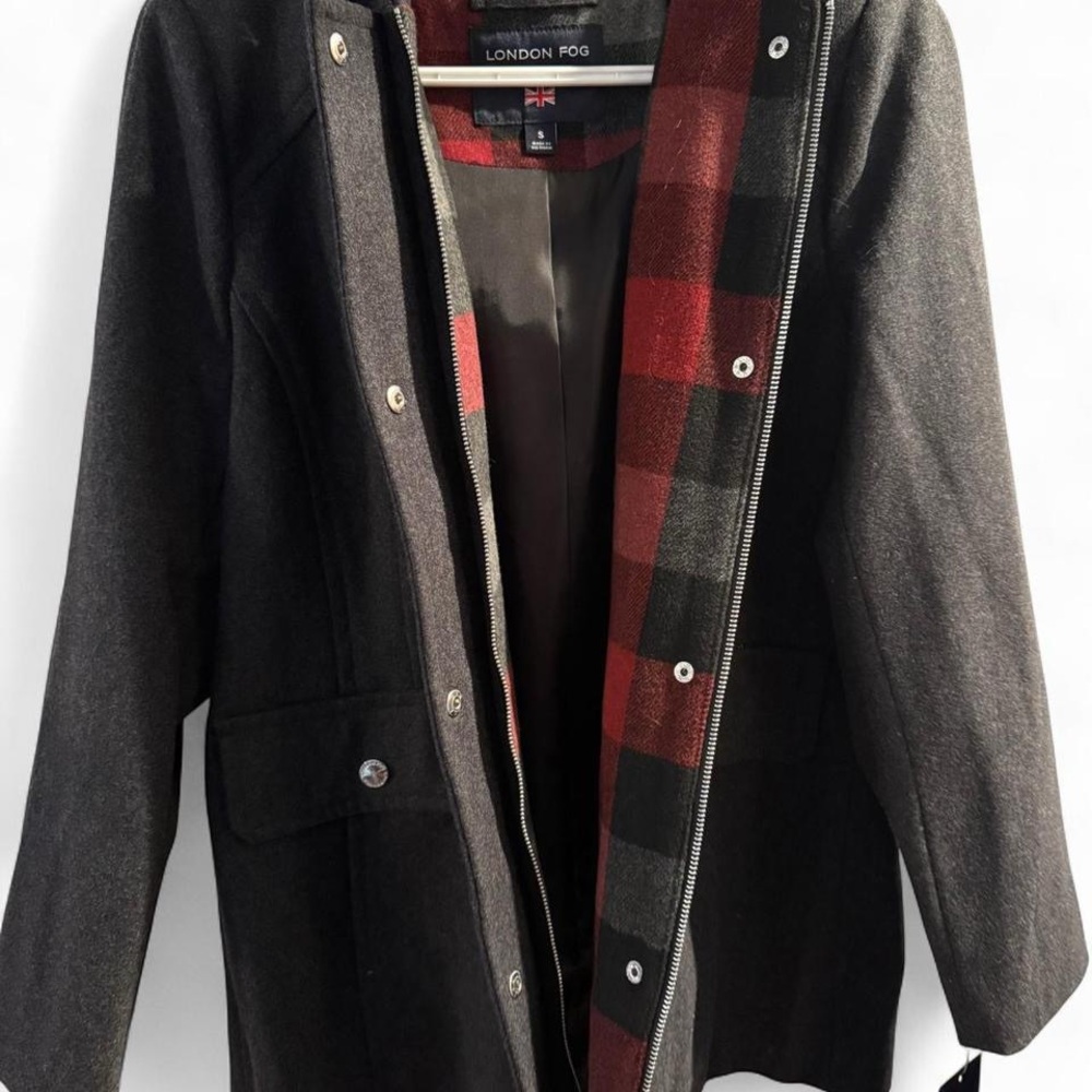 NWT London Fog Charcoal Hooded Coat Plaid Lined Sz S Classic Winter Jacket - Picture 2 of 7